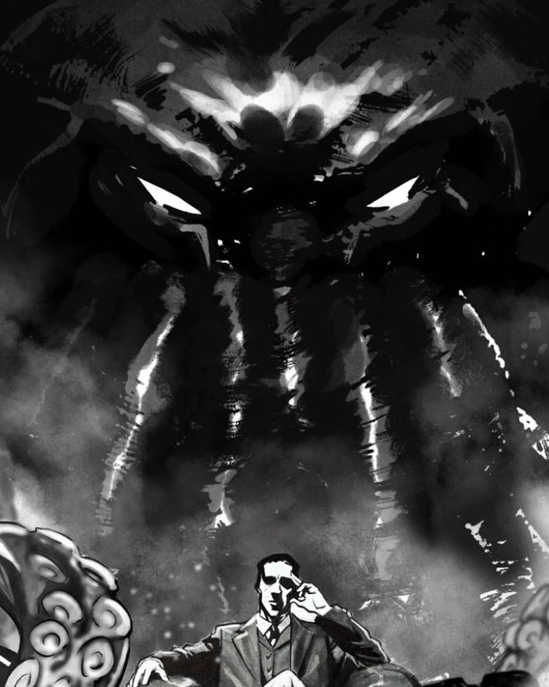 Cthulhu cosmic horror art – detail of the H.P. Lovecraft art print by Francesco Manna, black and white Lovecraft artwork
