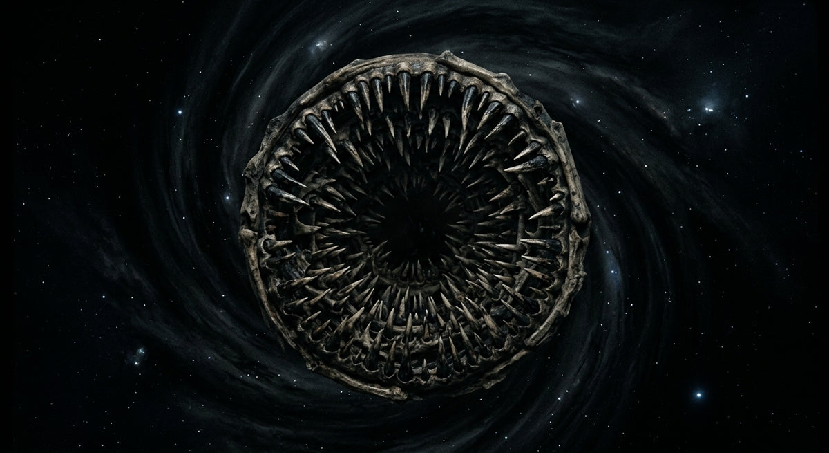 A vast cosmic maw of teeth at the center of a swirling dark void