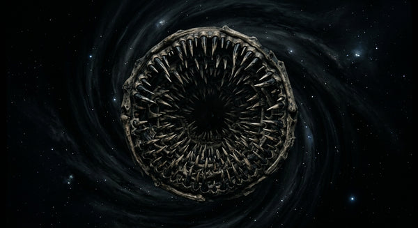A vast cosmic maw of teeth at the center of a swirling dark void