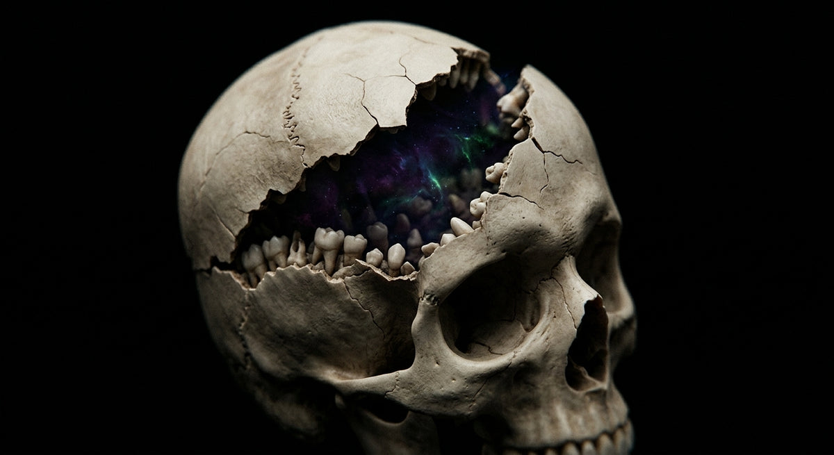 A human skull cracking open like an egg revealing a void of teeth and cosmic light