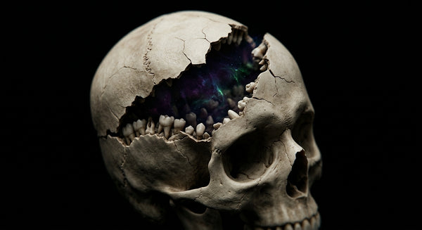 A human skull cracking open like an egg revealing a void of teeth and cosmic light