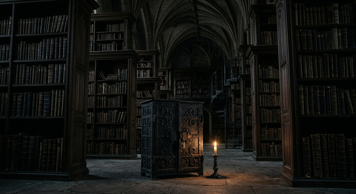 A dark gothic university library at night with a locked iron cabinet and a candle
