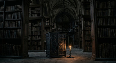 A dark gothic university library at night with a locked iron cabinet and a candle