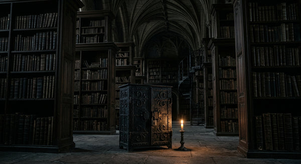 A dark gothic university library at night with a locked iron cabinet and a candle