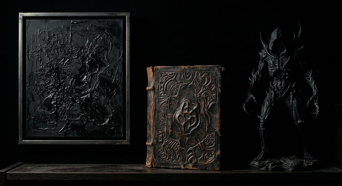 A dark collector shelf with a black art print, an ancient book and a shadowed statue