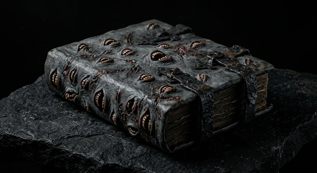 Sculpted Necronomicon, a grimoire bound in living grey skin with small mouths in the binding