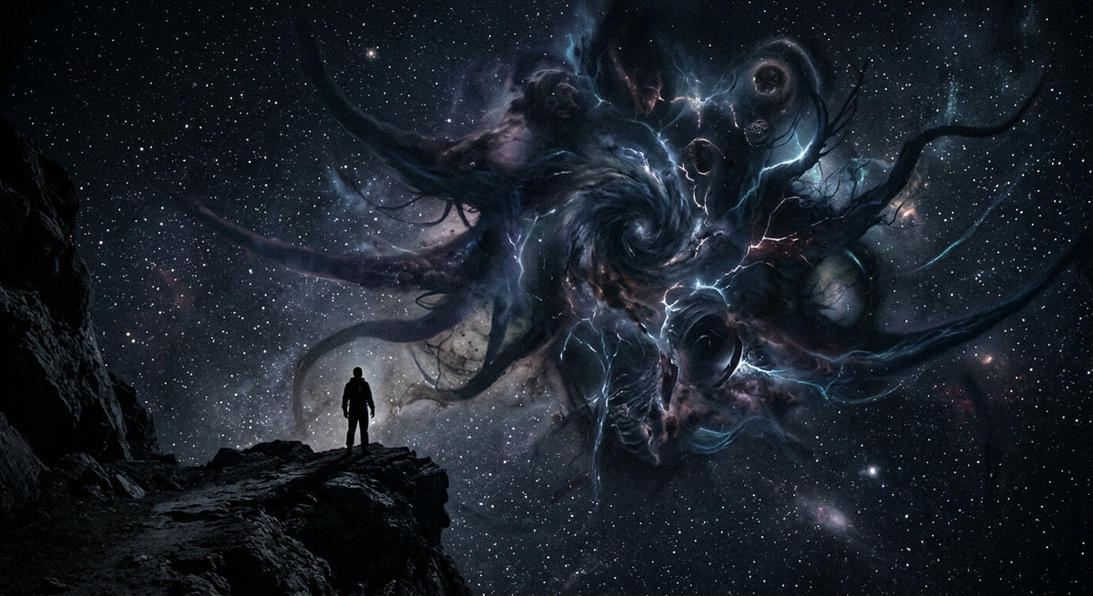 A tiny human silhouette facing a colossal cosmic eldritch entity in a starfield, illustrating cosmic horror