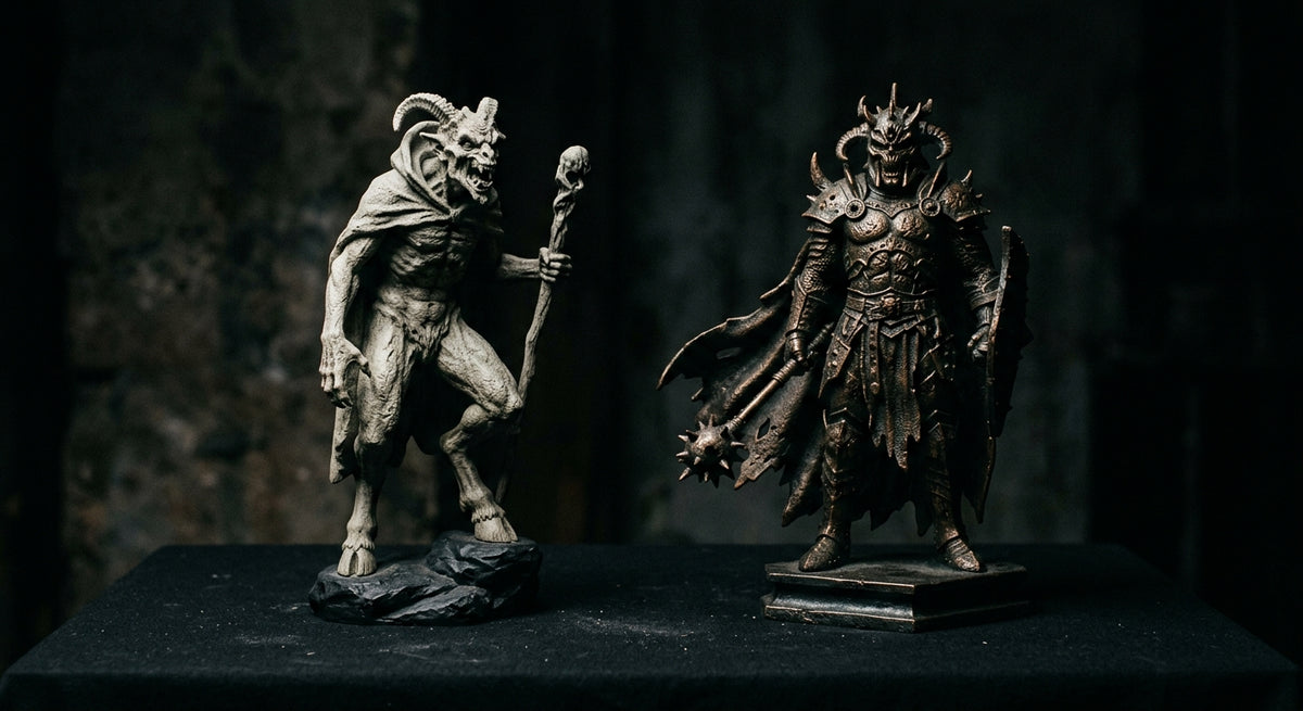 Two horror collectible statues of different materials side by side, one stone-grey and one metallic bronze