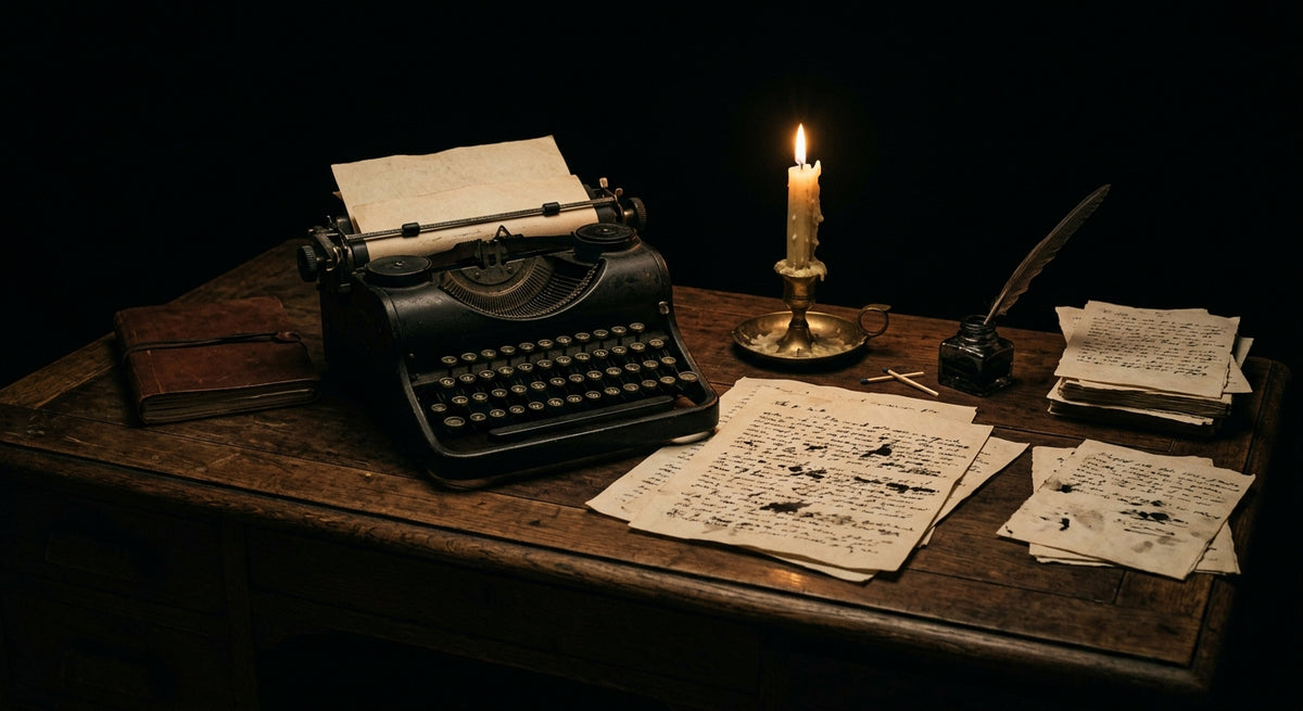 A 1930s writer's desk with an old typewriter, candle and manuscript pages in shadow