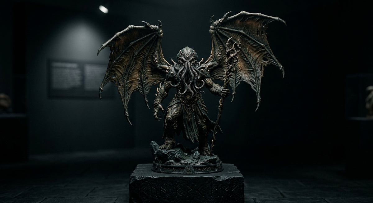 An original winged, tentacle-faced eldritch deity collectible statue on a runic pedestal