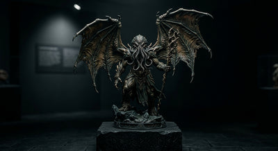 An original winged, tentacle-faced eldritch deity collectible statue on a runic pedestal