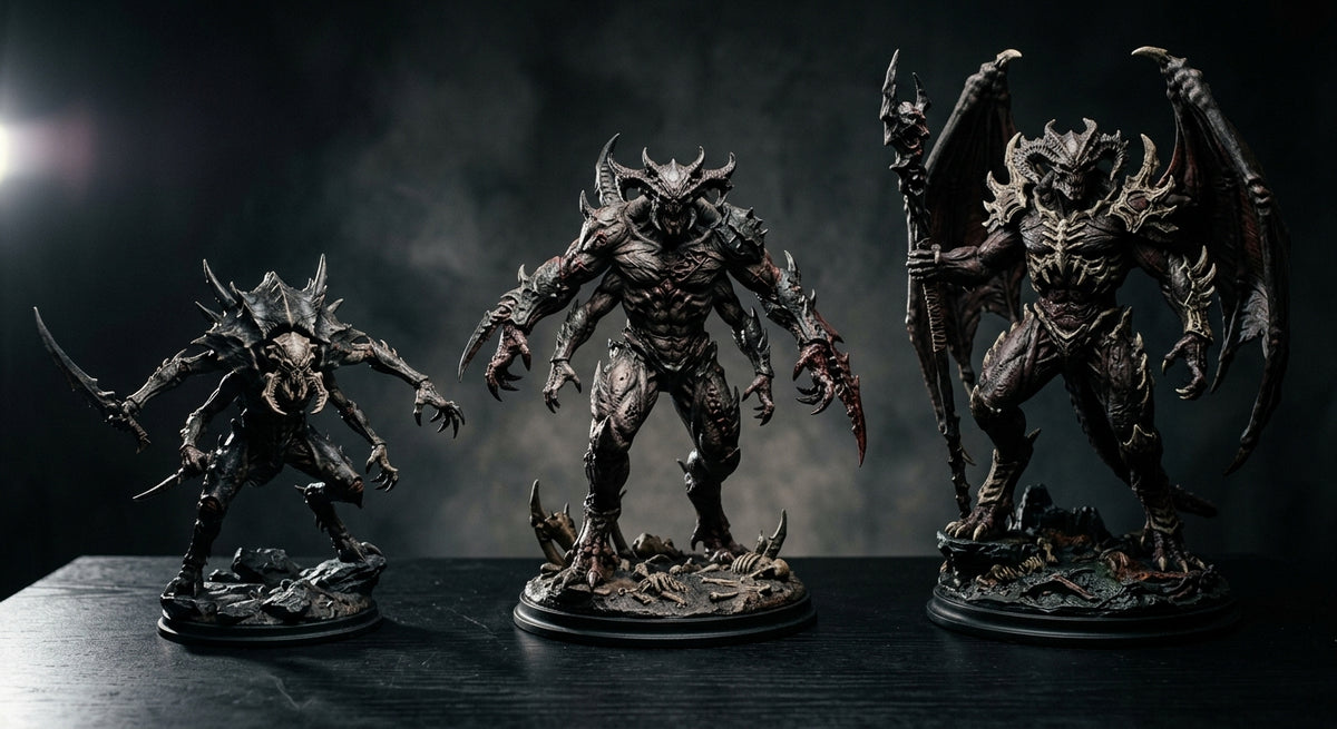 Three original horror creature statues of different scales side by side on a dark surface