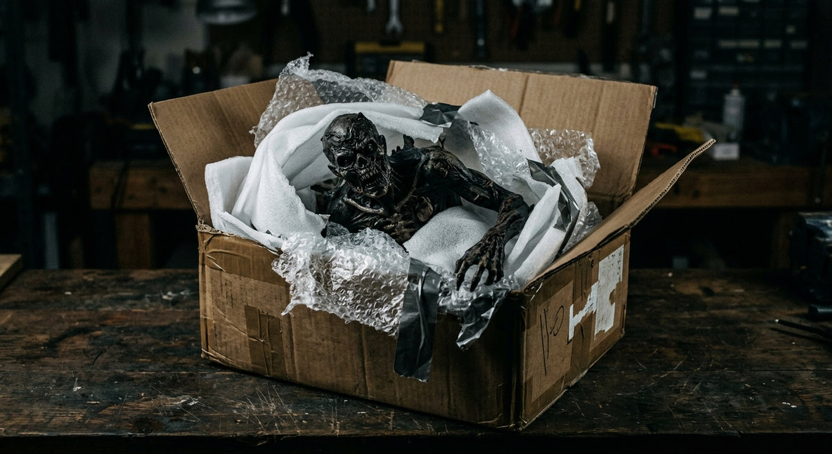 A horror resin collectible statue packed in protective foam and bubble wrap inside a shipping box