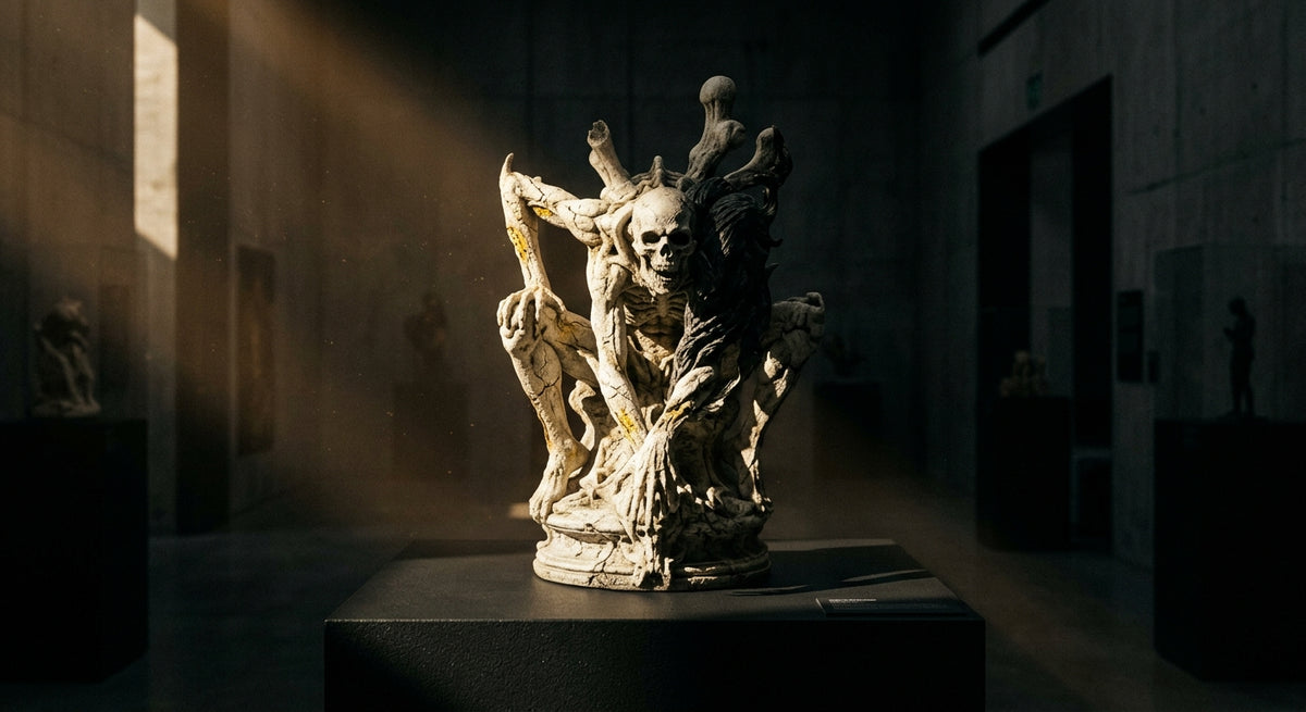 A pale resin horror statue lit by a shaft of sunlight, illustrating UV exposure and yellowing risk