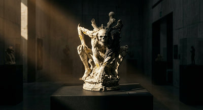 A pale resin horror statue lit by a shaft of sunlight, illustrating UV exposure and yellowing risk