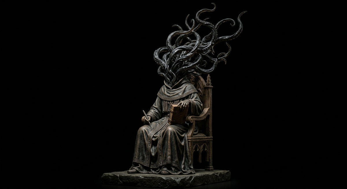 Resin statue of a robed scholar whose head dissolves into shadow tentacles