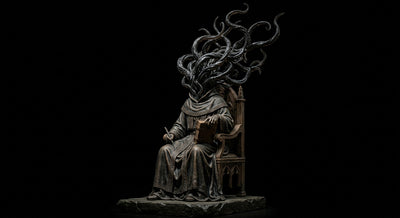 Resin statue of a robed scholar whose head dissolves into shadow tentacles