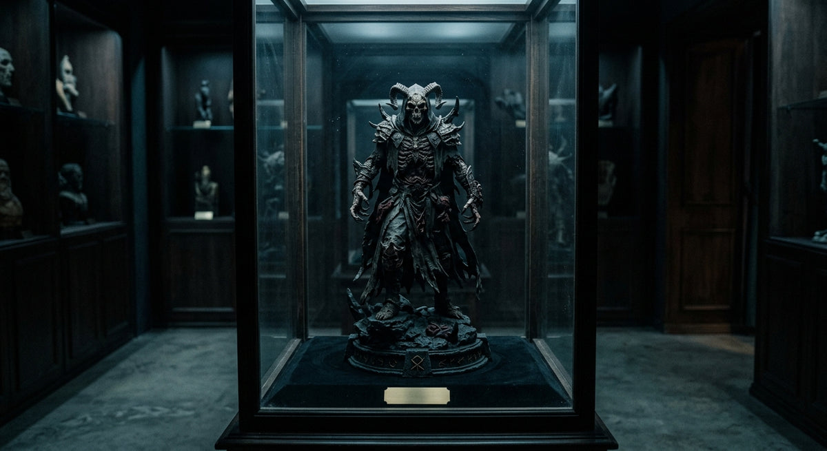A horror resin collectible statue stored in a glass display cabinet in a dim room