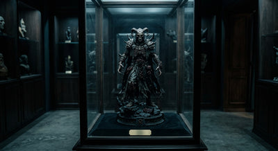 A horror resin collectible statue stored in a glass display cabinet in a dim room