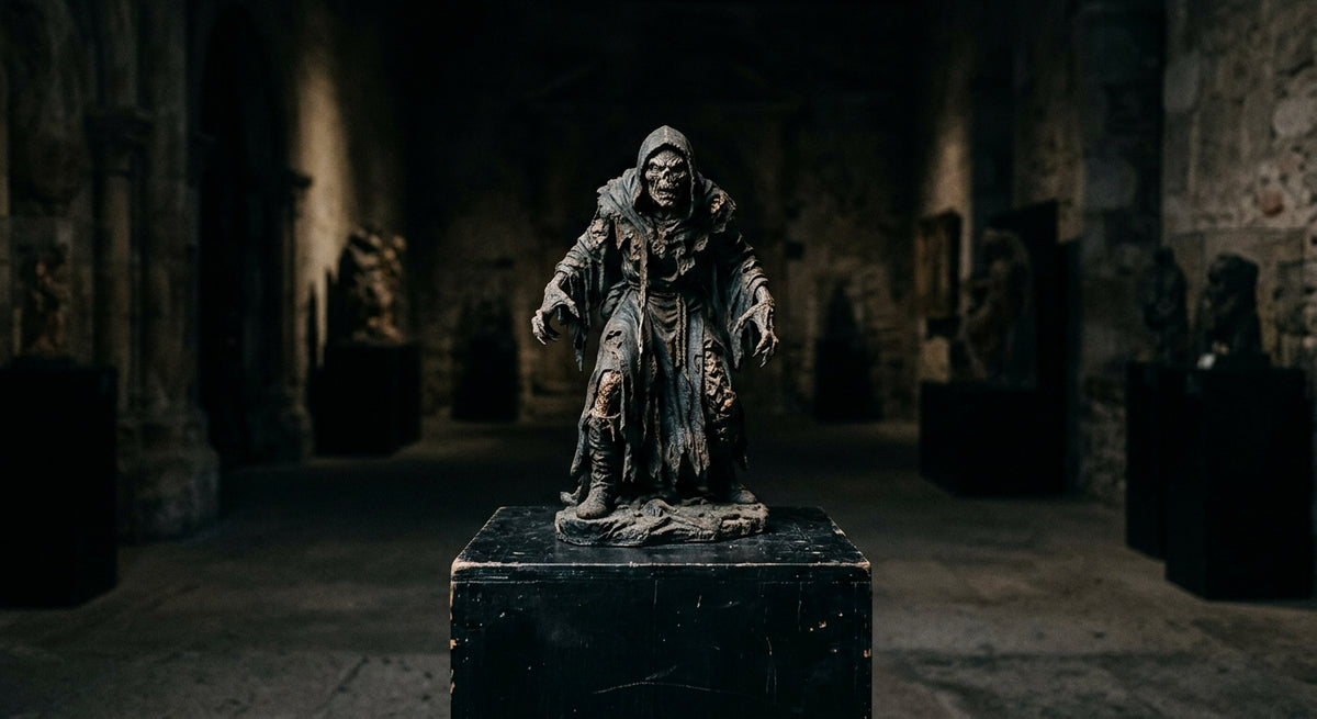 An aged horror resin collectible statue with patina on a pedestal in a dim gothic gallery