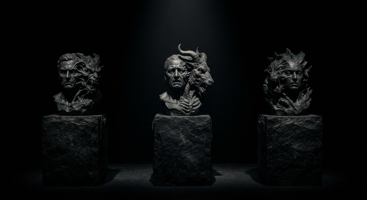 Three dark pedestals with sculpted human busts merging into monstrous forms