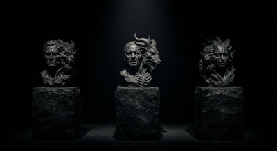 Three dark pedestals with sculpted human busts merging into monstrous forms