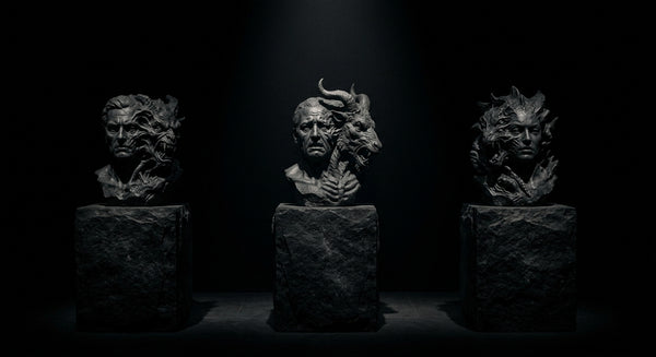 Three dark pedestals with sculpted human busts merging into monstrous forms