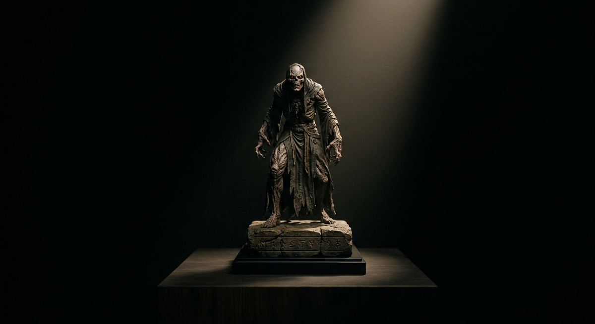 A horror collectible statue under museum spotlighting, illustrating proper display and care