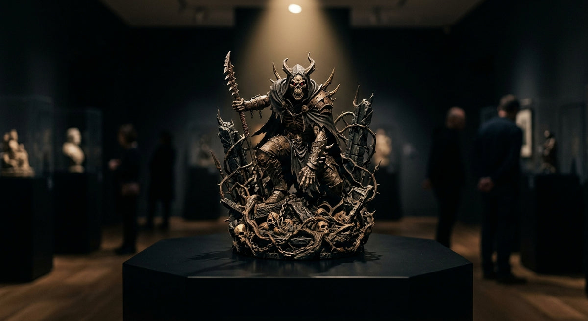 A premium horror resin collectible statue spotlit on a pedestal in a gallery