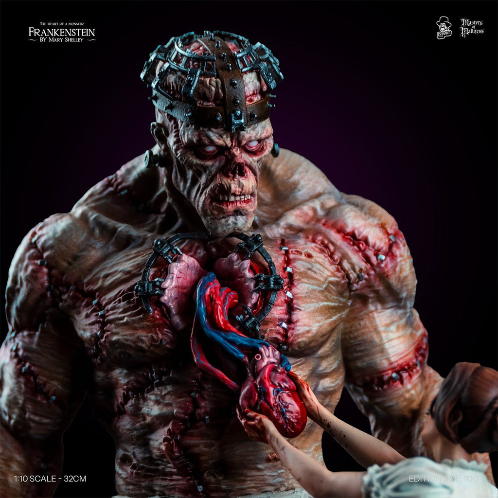 Close-up of the Creature holding the anatomical heart, Frankenstein Creators Edition statue