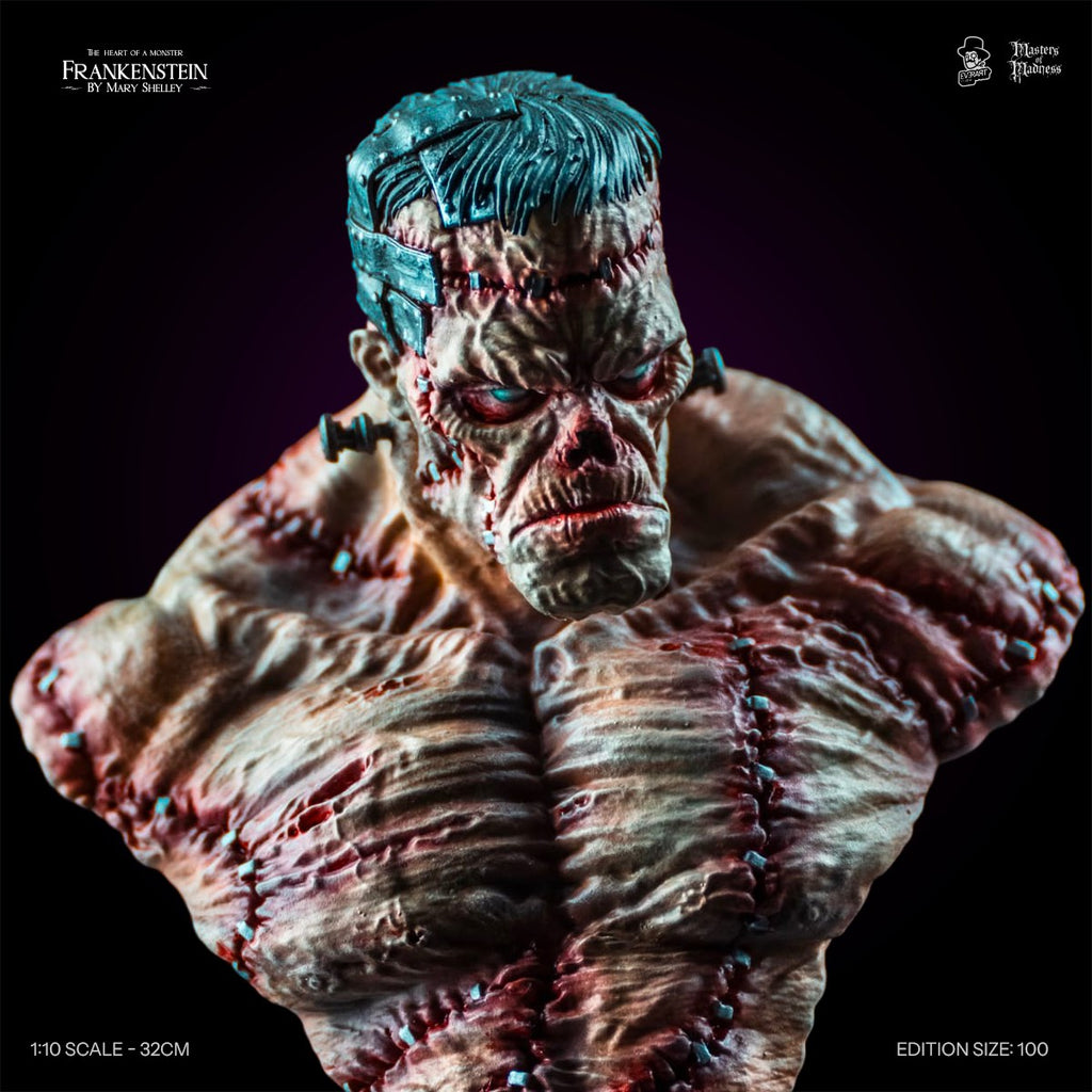 Creature bust close-up with stitched chest and metal head cage, Frankenstein Creators Edition