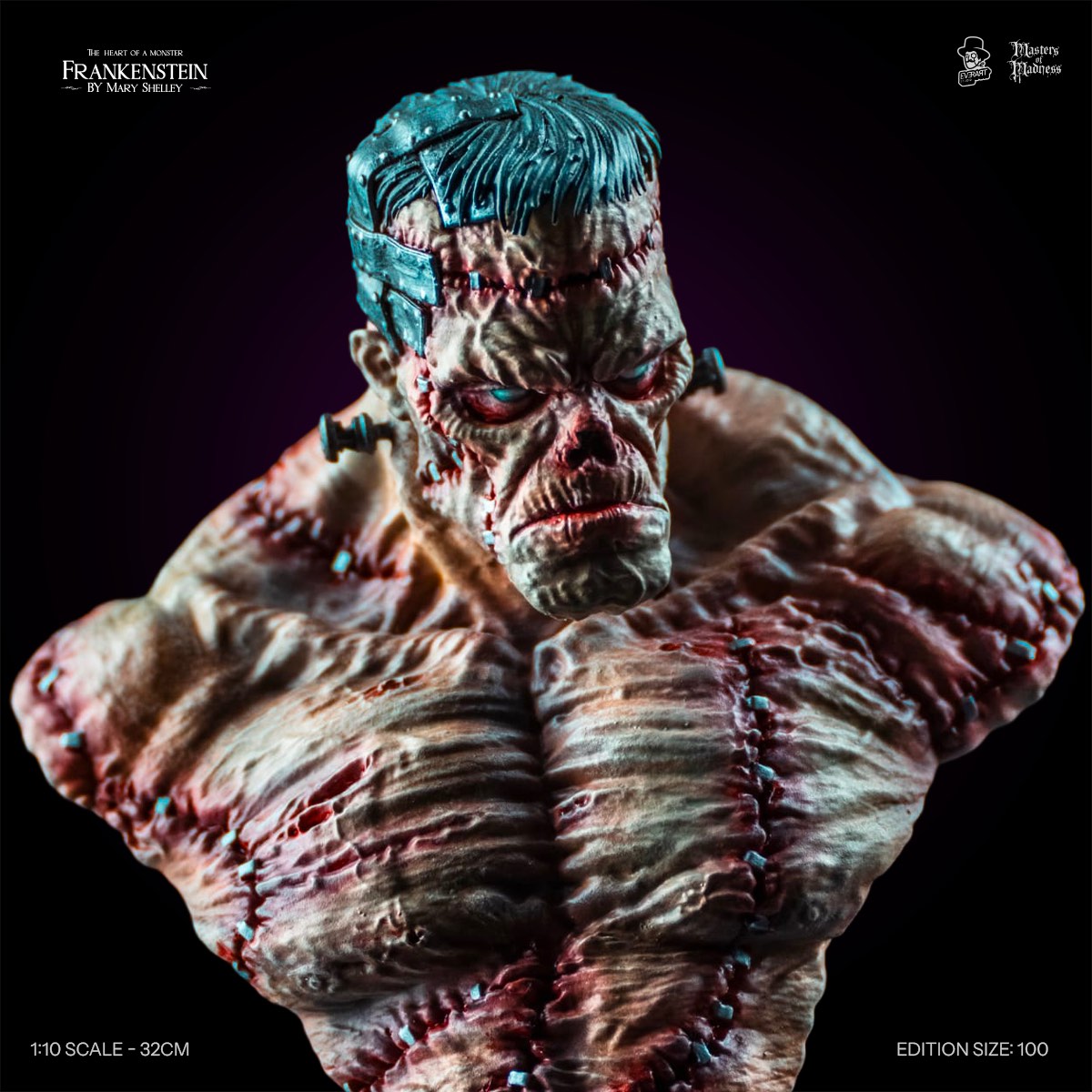 Creature bust close-up with stitched chest and metal head cage, Frankenstein Creators Edition