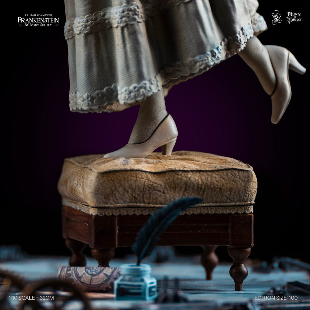 Detail of Mary Shelley's feet on the antique footstool, Frankenstein Creators Edition base