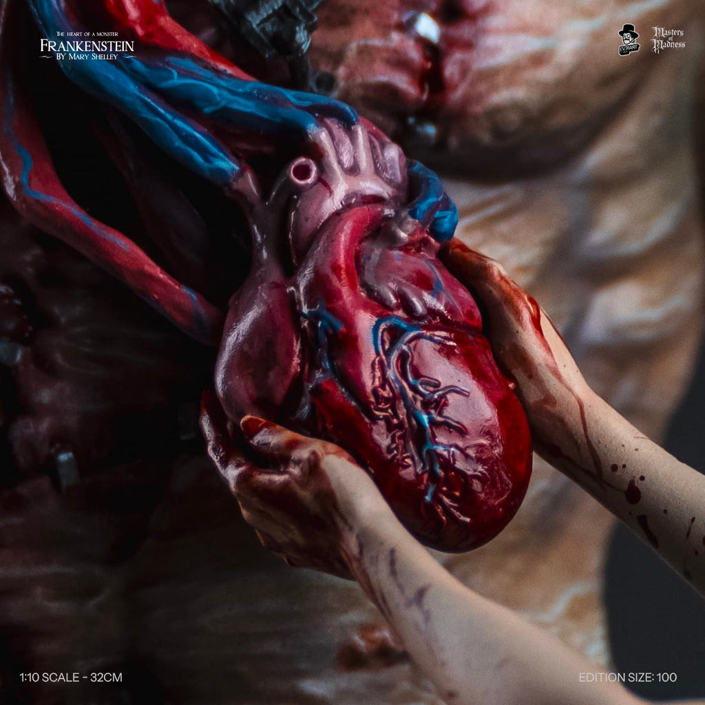 Close-up of the anatomically detailed heart prop, Frankenstein Creators Edition statue
