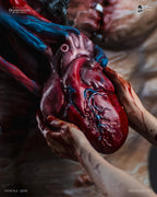 Close-up of the anatomically detailed heart prop, Frankenstein Creators Edition statue