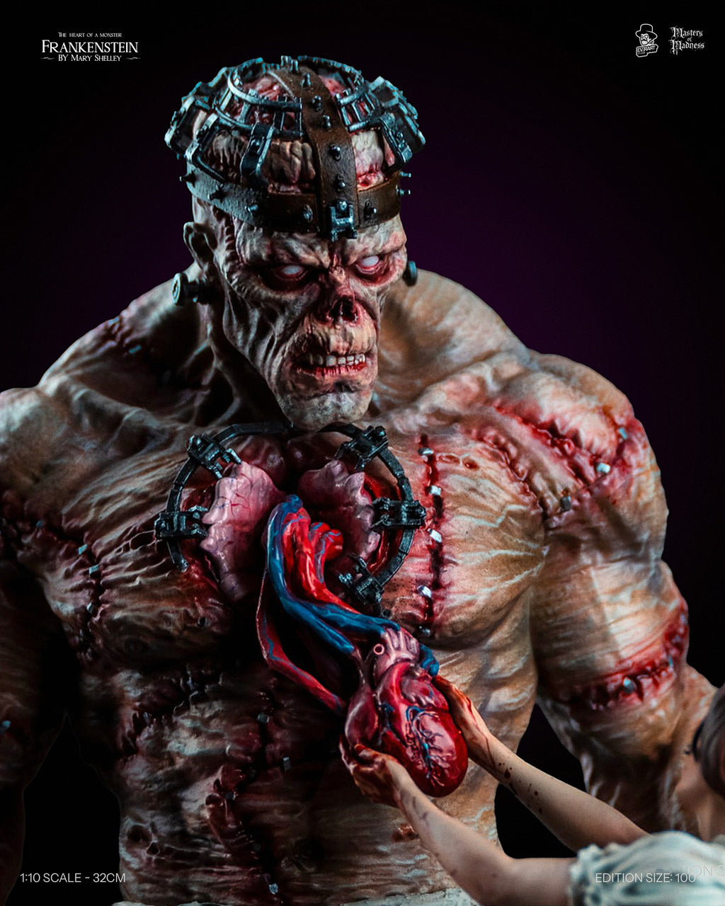 Close-up of the Creature holding the anatomical heart, Frankenstein Creators Edition statue