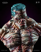 Creature bust close-up with stitched chest and metal head cage, Frankenstein Creators Edition