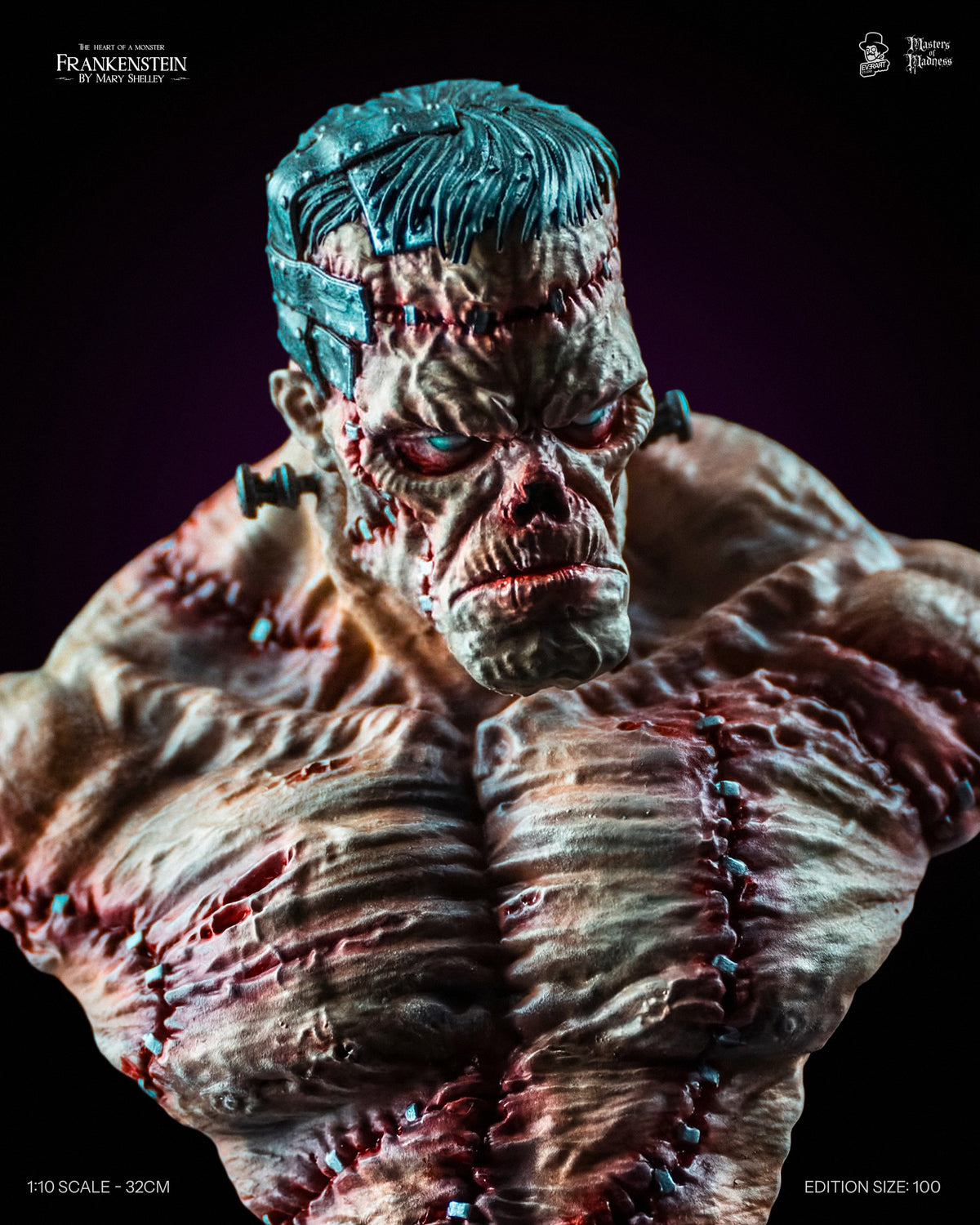 Creature bust close-up with stitched chest and metal head cage, Frankenstein Creators Edition
