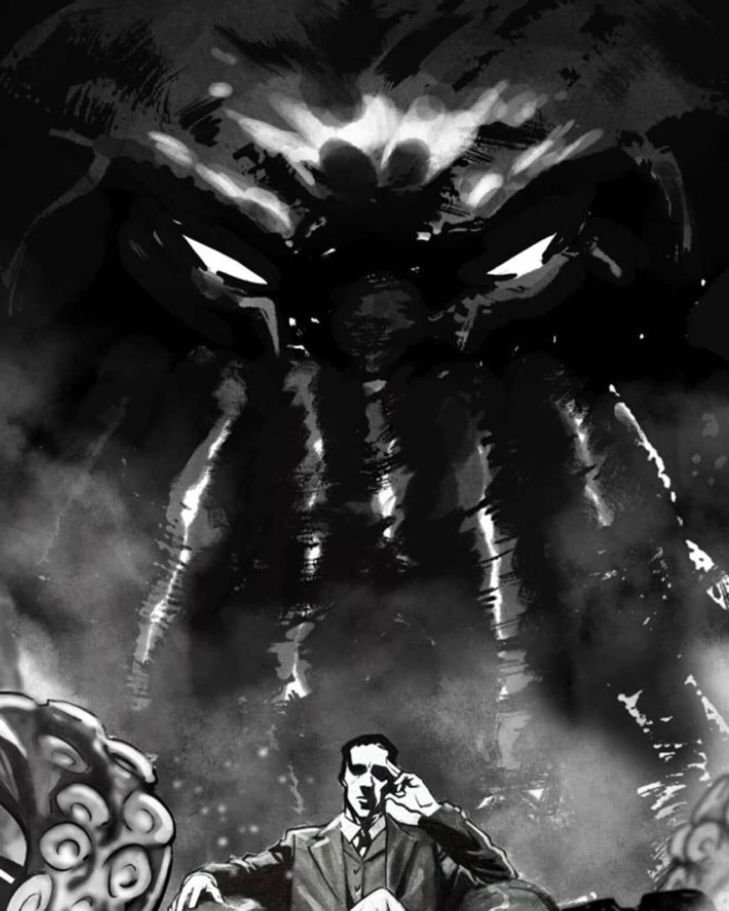 Cthulhu cosmic horror art – detail of the H.P. Lovecraft art print by Francesco Manna, black and white Lovecraft artwork