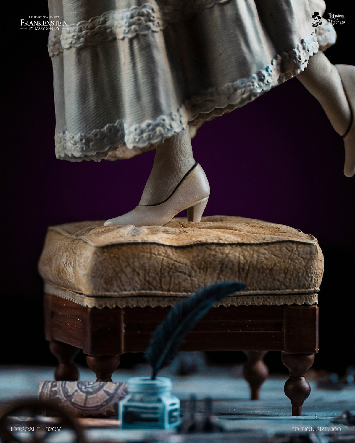 Detail of Mary Shelley's feet on the antique footstool, Frankenstein Creators Edition base