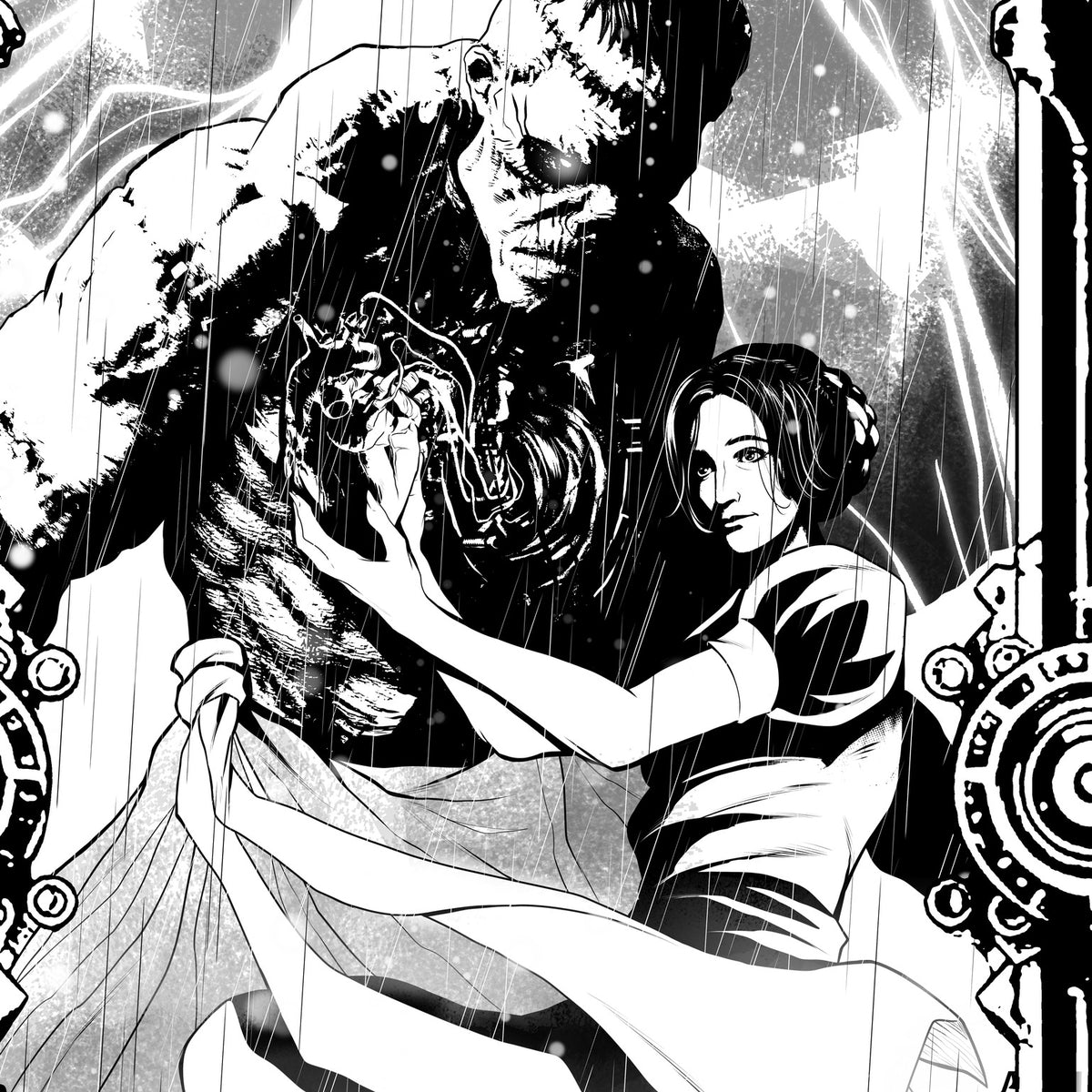 Frankenstein art print detail — the Creature holding a woman in rain and lightning, Pasquale Qualano | Studio Everart