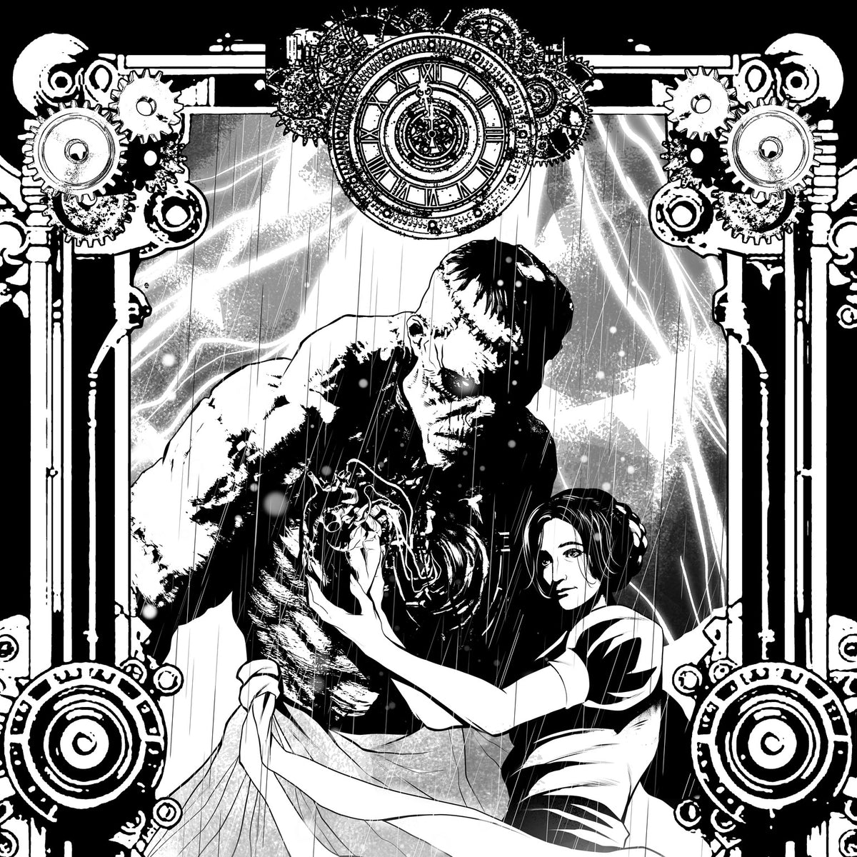 Frankenstein art print by Pasquale Qualano — clockwork frame, storm and lightning, Masters of Madness collectible