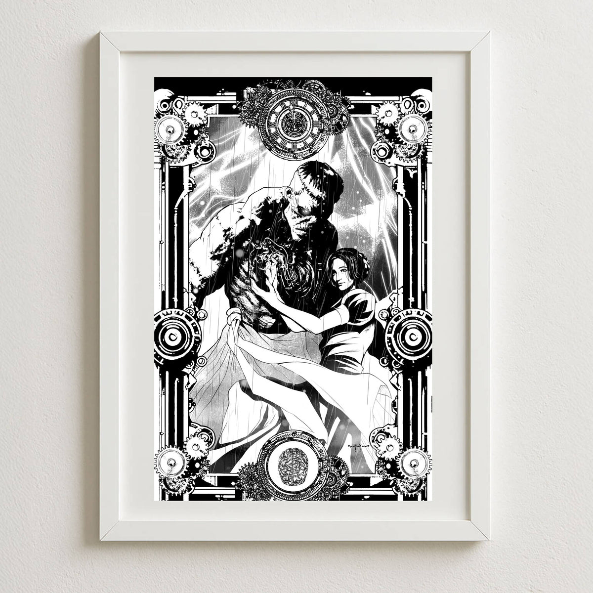 Frankenstein art print by Pasquale Qualano — 30×40cm black and white, white frame and mat | Studio Everart