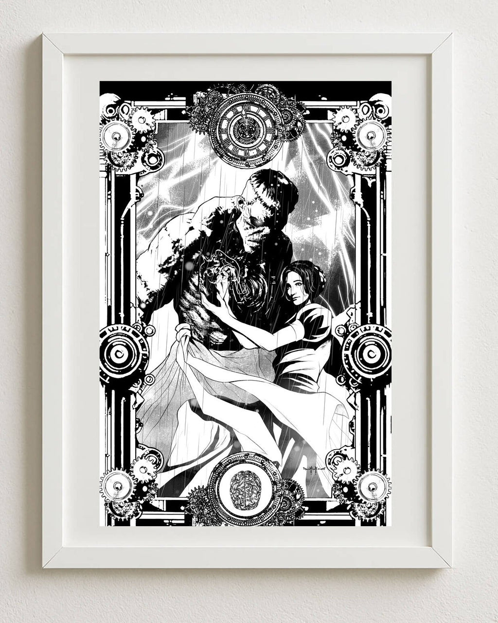 Frankenstein art print 30×40 cm by Pasquale Qualano – black and white gothic illustration, shown framed | Studio Everart