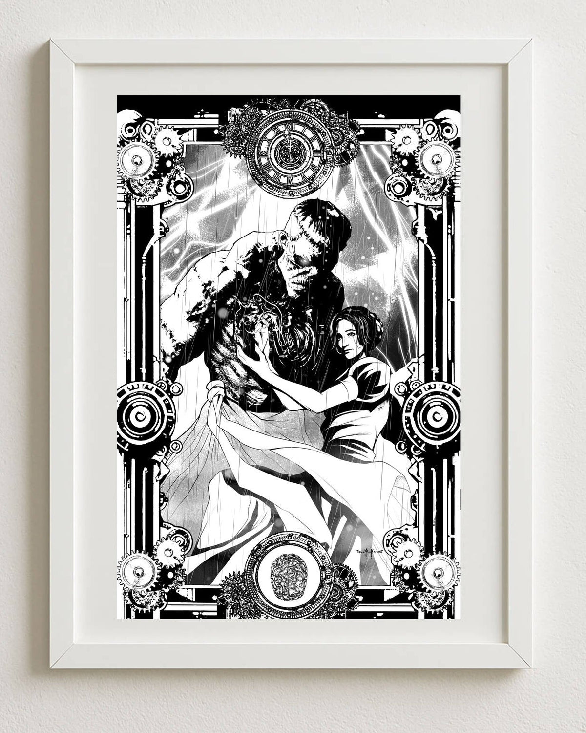 Frankenstein art print 30×40 cm by Pasquale Qualano – black and white gothic illustration, shown framed | Studio Everart