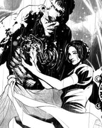 Frankenstein art print detail – the Creature embracing a woman in rain and lightning, black and white gothic art by Pasquale Qualano