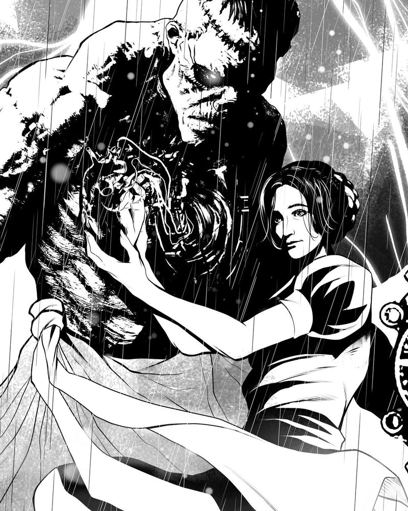 Frankenstein art print detail – the Creature embracing a woman in rain and lightning, black and white gothic art by Pasquale Qualano