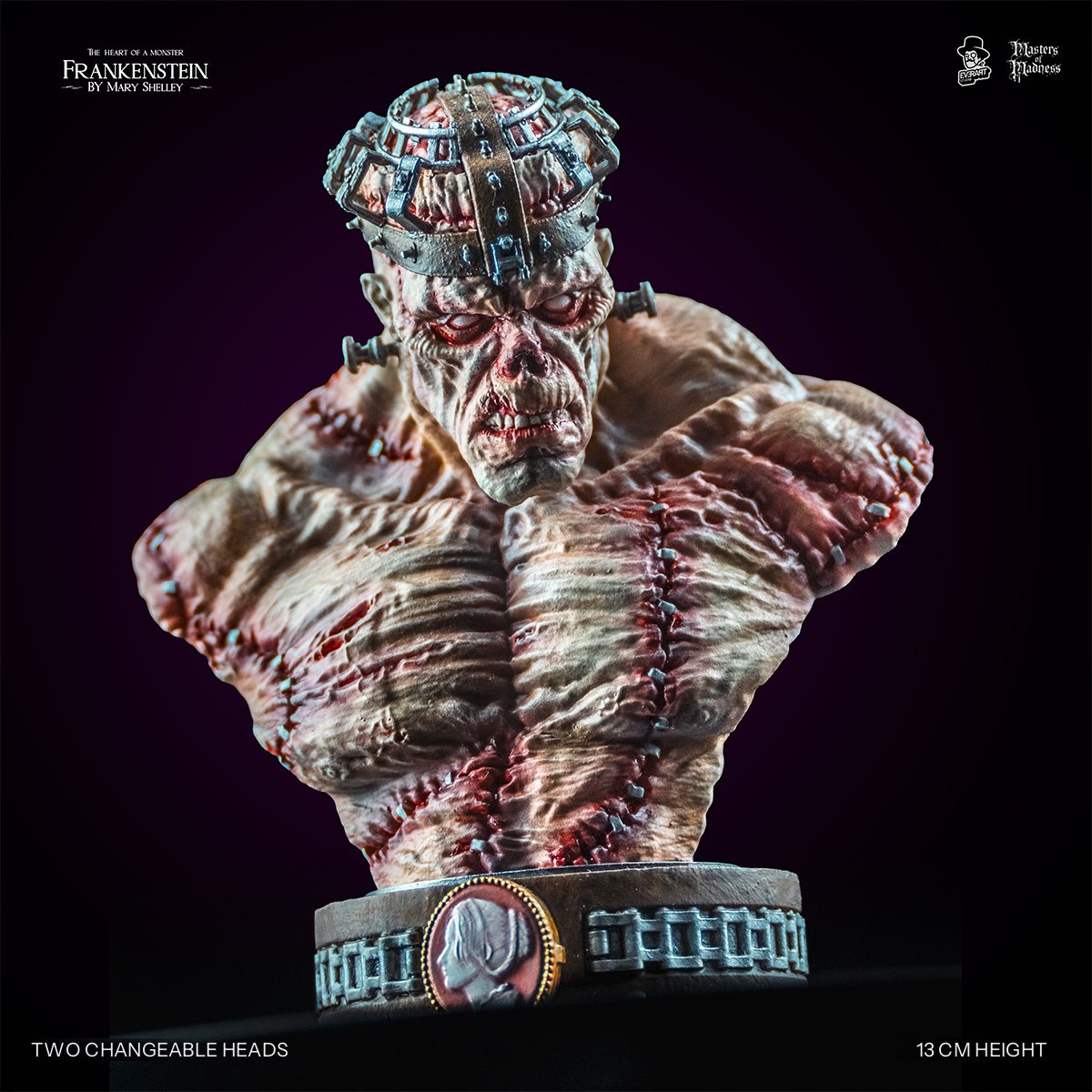 Frankenstein Creature bust with metal cage head and exposed brain, front view | Studio Everart