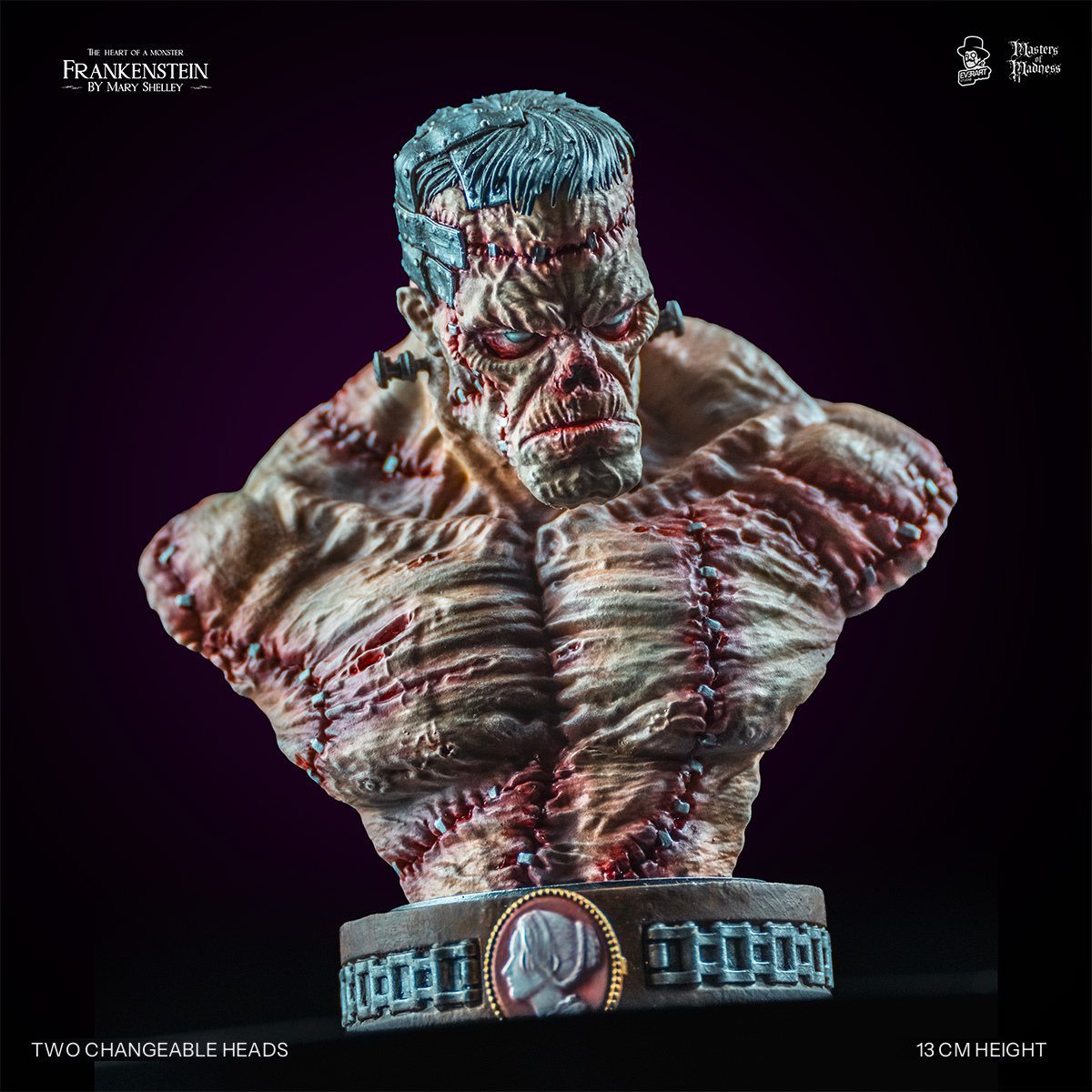 Frankenstein Creature bust with grey hair and riveted iron plates, front three-quarter view | Studio Everart