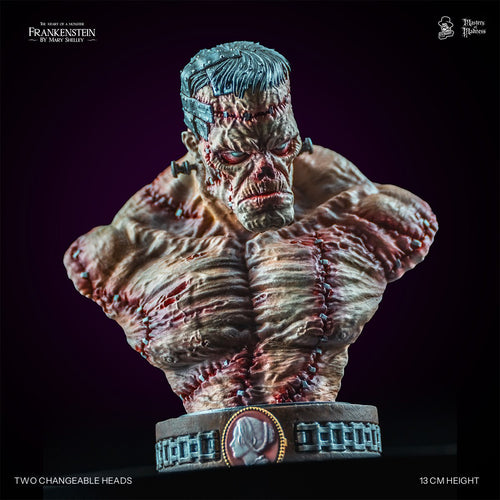 Frankenstein Creature bust with grey hair and riveted iron plates, front three-quarter view | Studio Everart